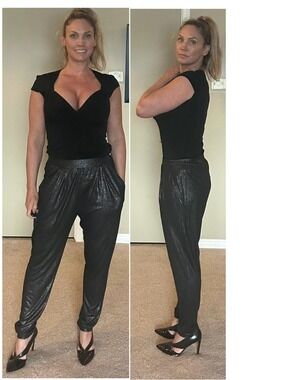 H&M divided black silver metallic stretchy harem pants pockets Sz M